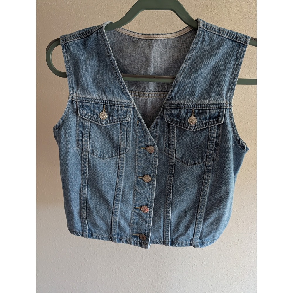 Medium Wash Cropped Denim Vest V-Neck Button Front Blue